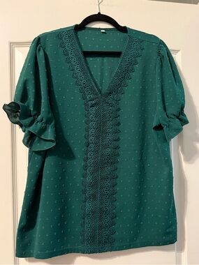 Green Lace-Trim V-Neck Women’s Top